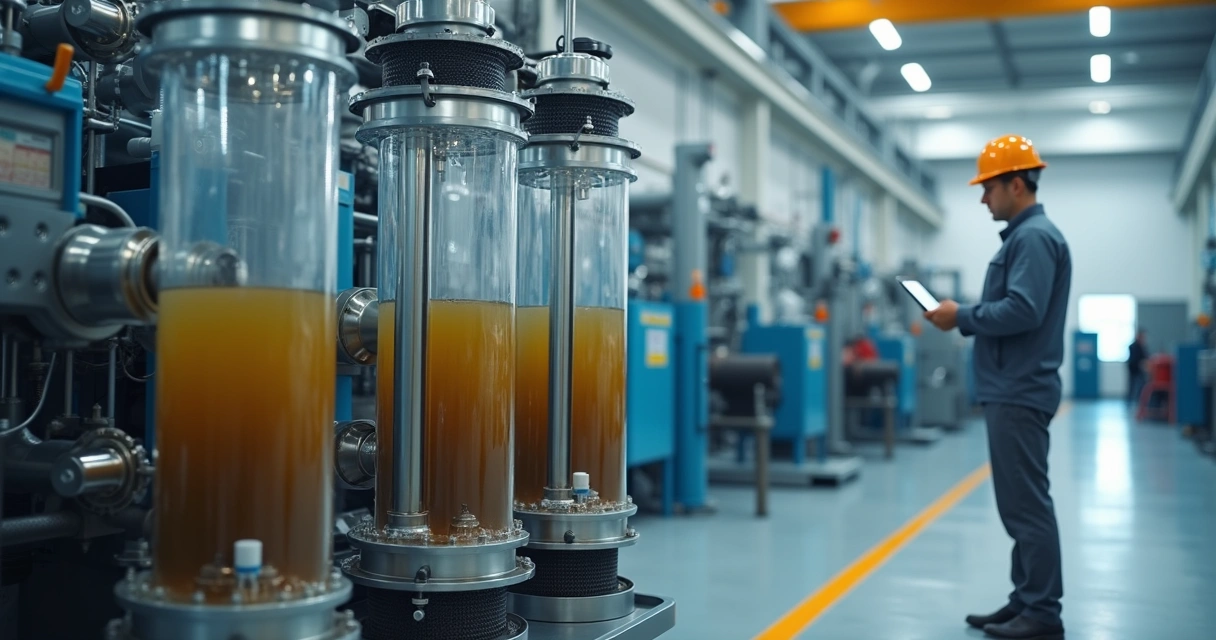 Sistema industrial filtrando óleo hidráulico com técnico monitorando painel