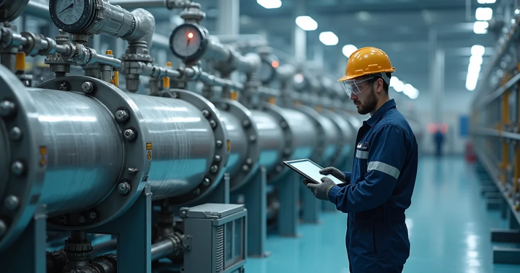 Técnico monitorando limpeza química em tubulações industriais