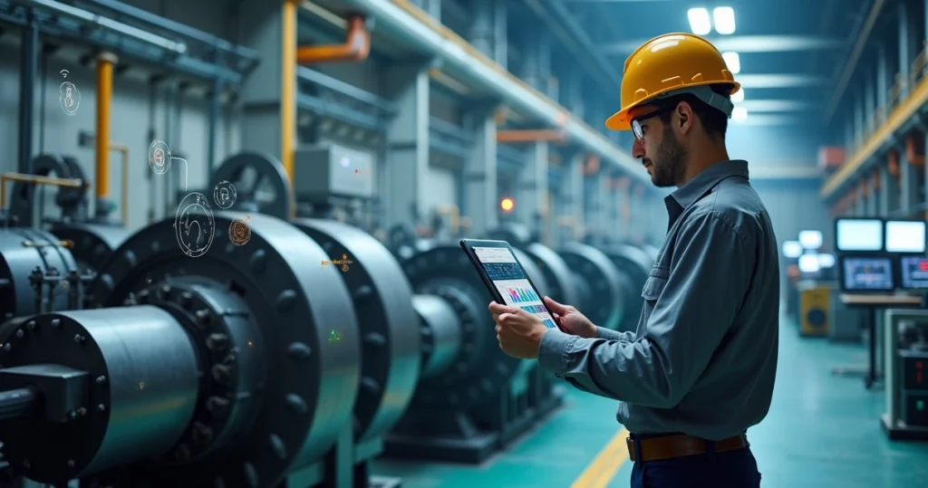 Técnico monitorando manutenção preditiva em fábrica com máquinas industriais