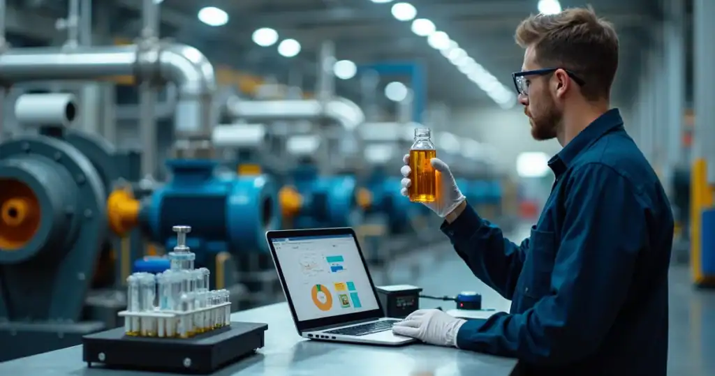 Técnico analisando amostra de óleo em máquina industrial de grande porte