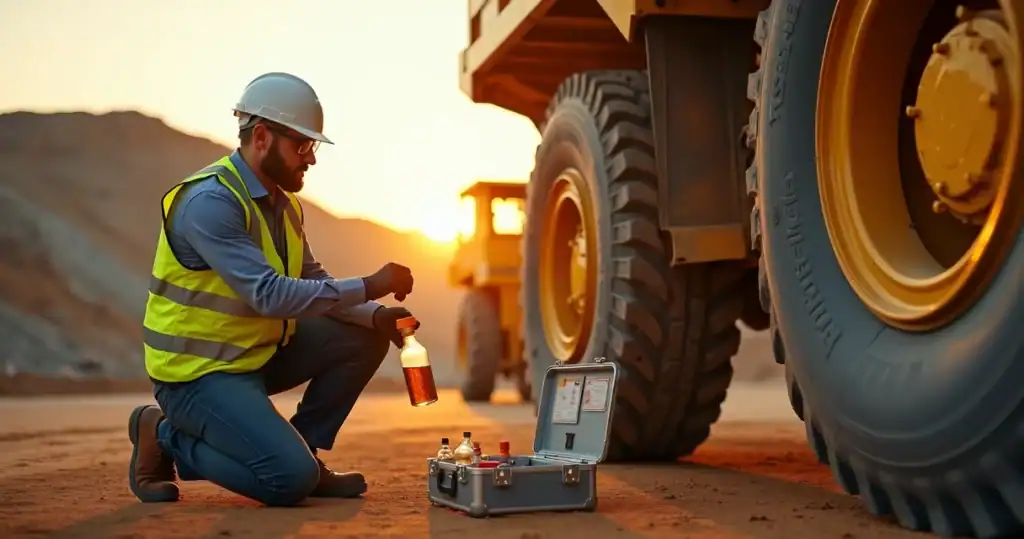 Engenheiro coletando amostra de óleo em equipamento de mineração