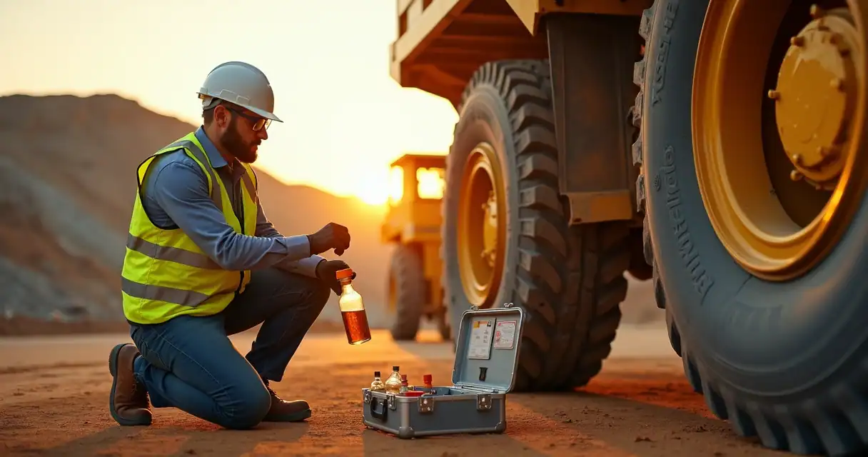 Engenheiro coletando amostra de óleo em equipamento de mineração