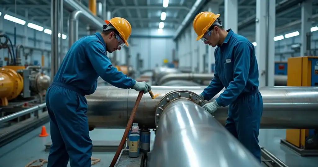 Técnicos realizando decapagem e passivação em tubulações de aço inox em ambiente industrial