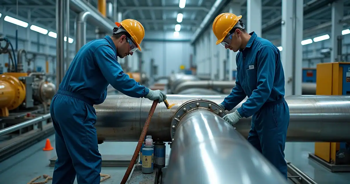 Técnicos realizando decapagem e passivação em tubulações de aço inox em ambiente industrial