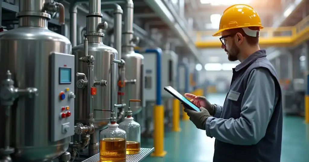 Técnico monitorando equipamento de desidratação de óleo industrial em planta fabril
