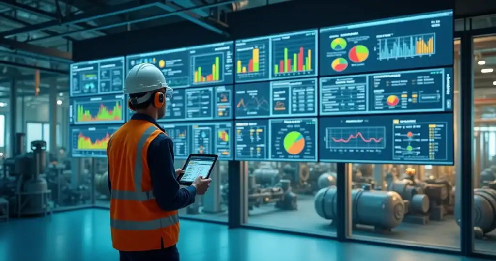 Engenheiro analisando indicadores MTBF e MTTR em planta industrial moderna