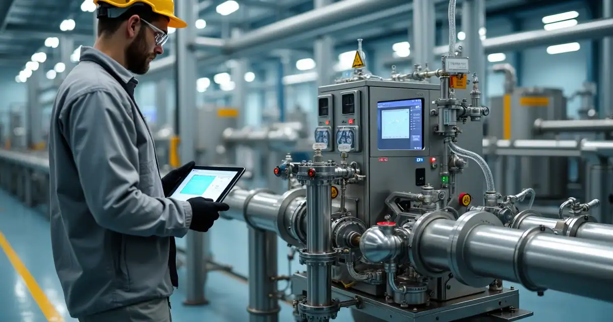 Técnico monitorando sistema de flushing industrial em tubulações metálicas