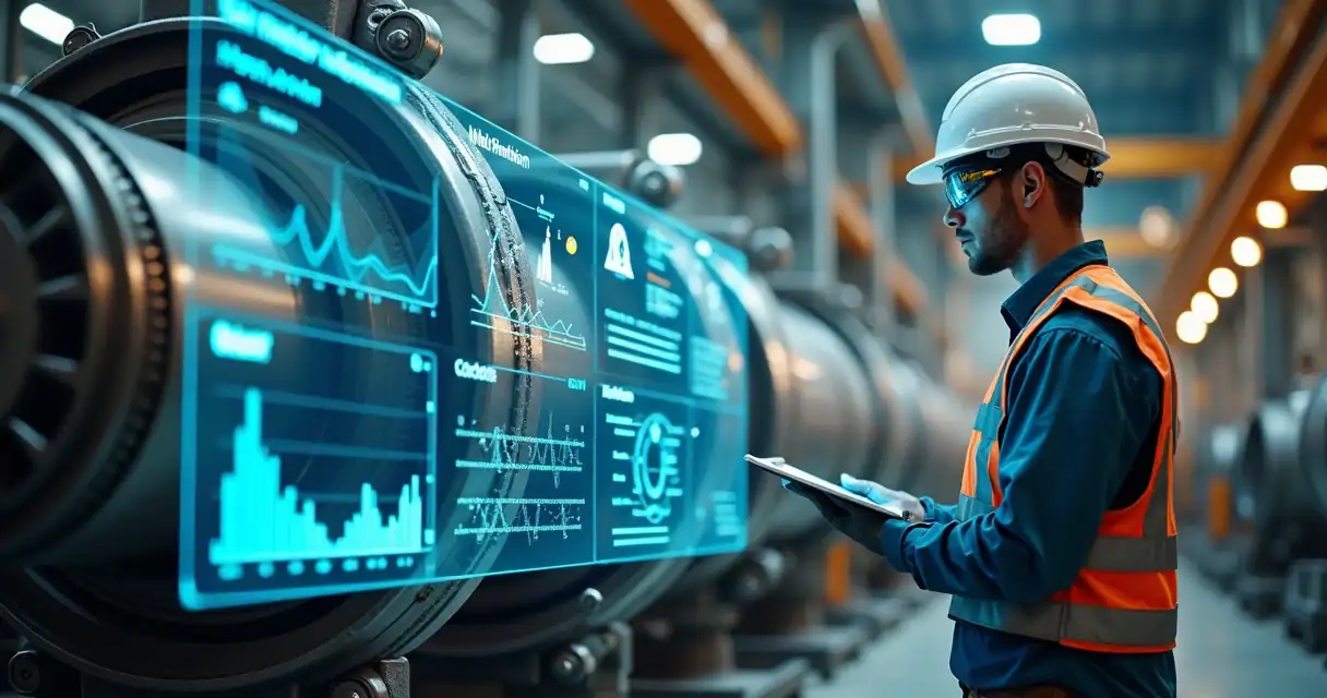 Técnico acompanha painel digital de manutenção preditiva em fábrica industrial