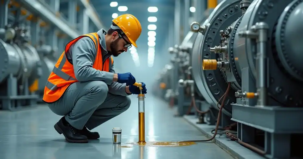 Técnico analisando óleo hidráulico em equipamento industrial