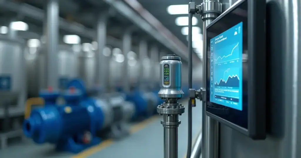 Sensor digital monitorando óleo em tubulação industrial com painel em tempo real