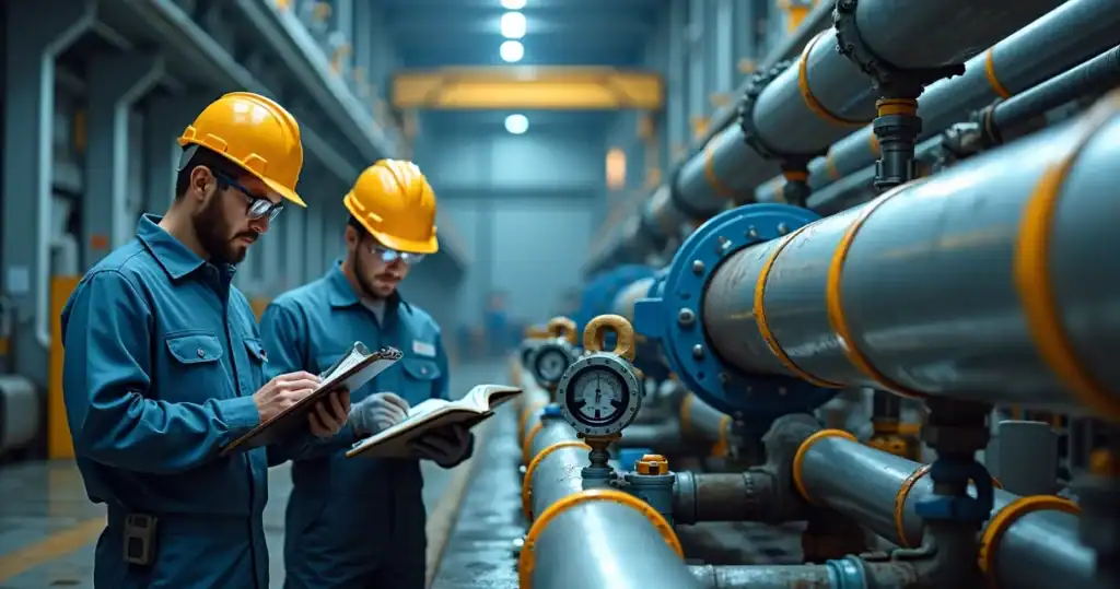 Engenheiros executando teste hidrostático em tubulações industriais com manômetros