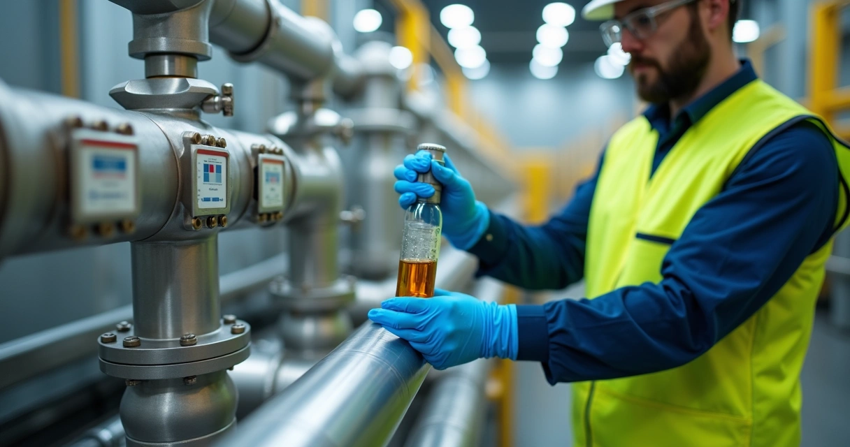 Engenheiro coletando amostra de óleo industrial em tubulação para análise em laboratório