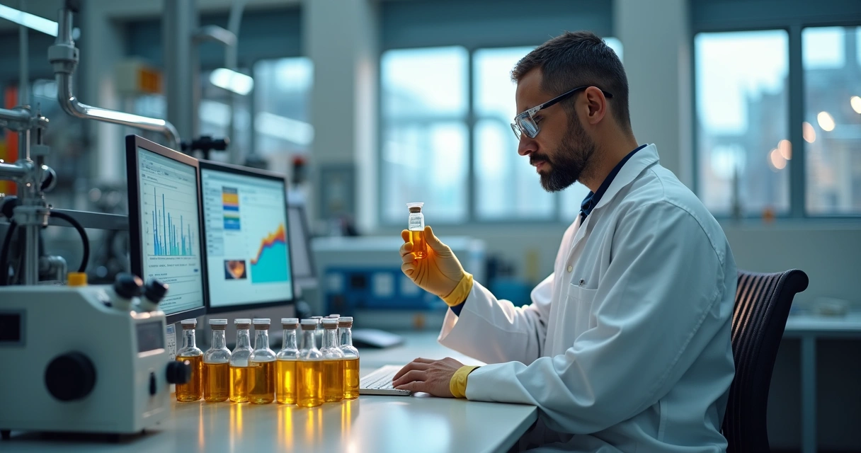 Técnico analisando amostra de óleo industrial em laboratório ao lado de equipamentos de monitoramento