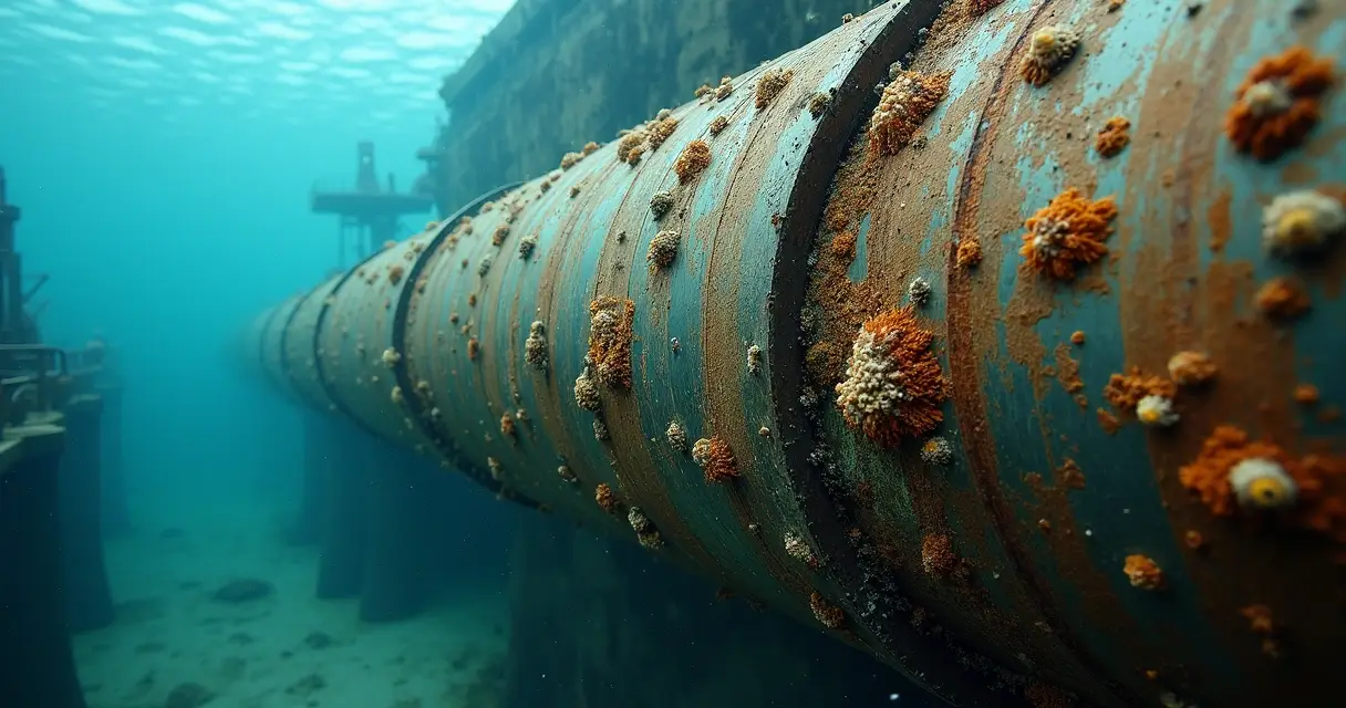 Tubulação industrial submersa com cracas e bioincrustação em detalhe