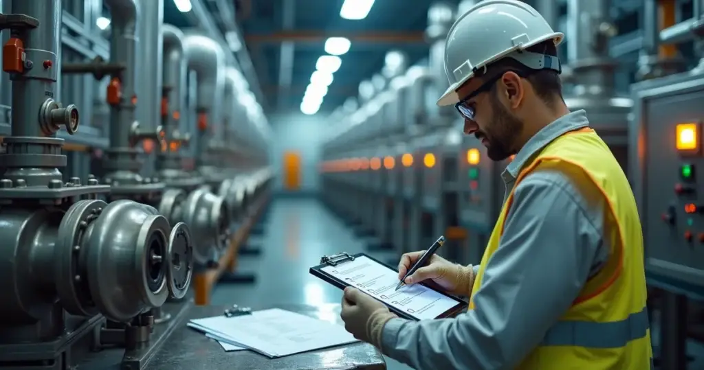 Engenheiro conferindo checklist de manutenção industrial diante de máquinas