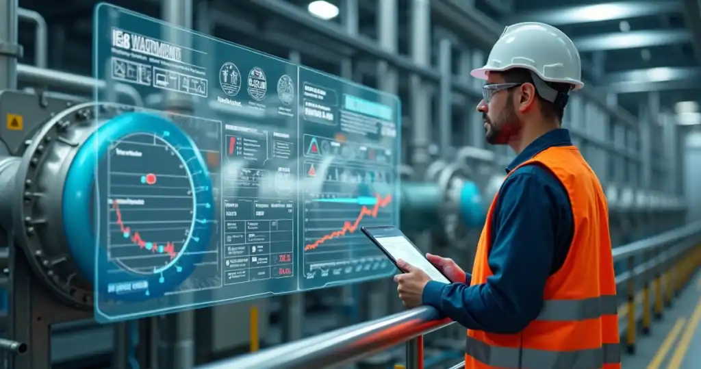 Gerente de projetos analisando painel digital de confiabilidade em planta industrial