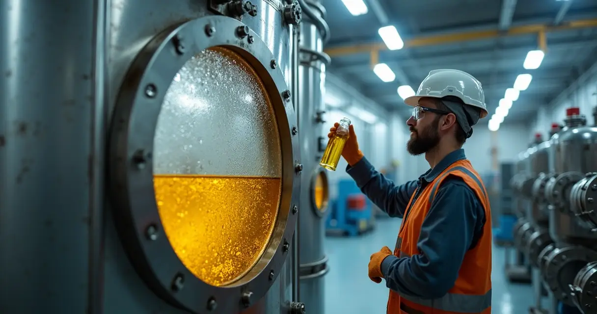 Técnico avaliando óleo industrial em sistema hidráulico com sinais de corrosão