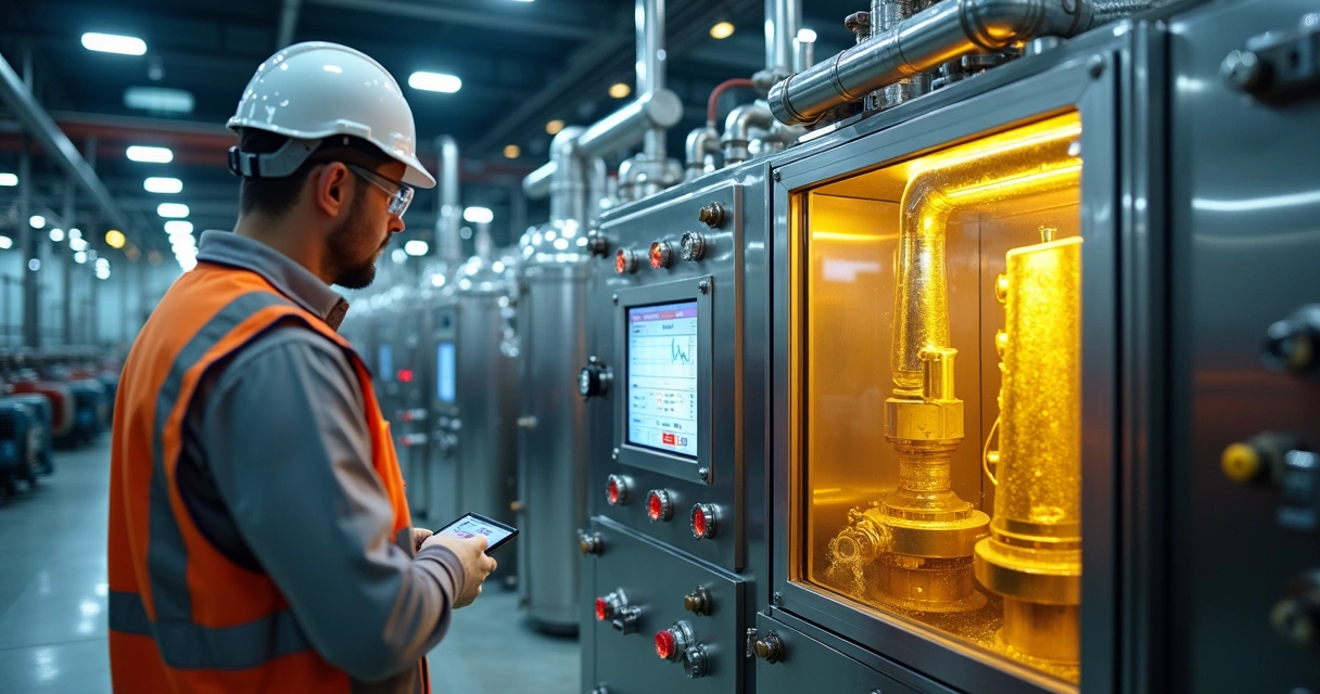 Técnico monitorando equipamento de desidratação de óleo por termovácuo em planta industrial