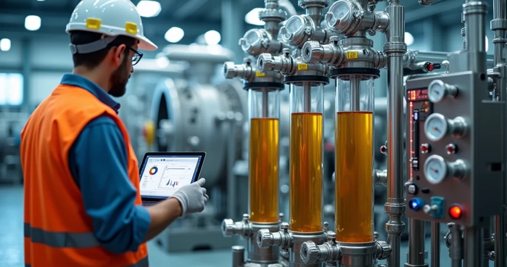 Técnico monitorando sistema de filtragem absoluta de óleo industrial em planta fabril