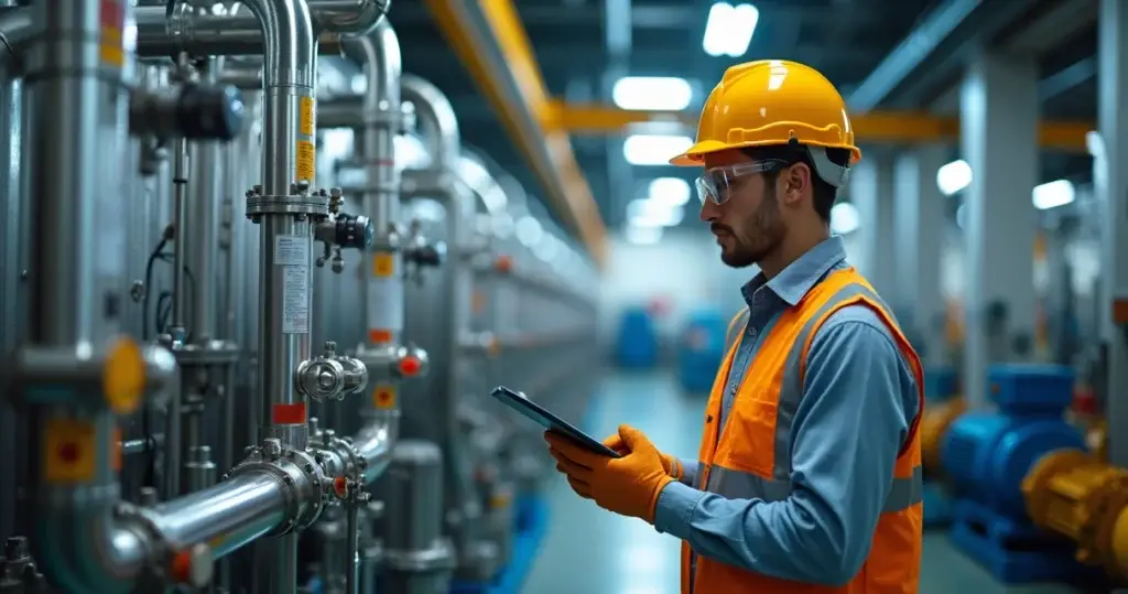 Técnico monitorando sistema de filtragem de óleo em equipamento industrial