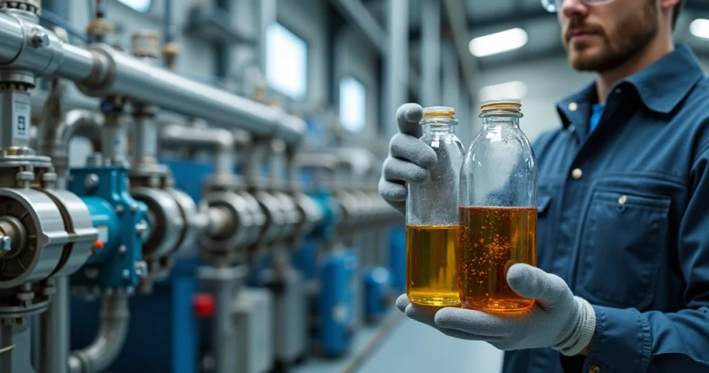Técnico analisando fluido hidráulico escurecido próximo a tubulações industriais