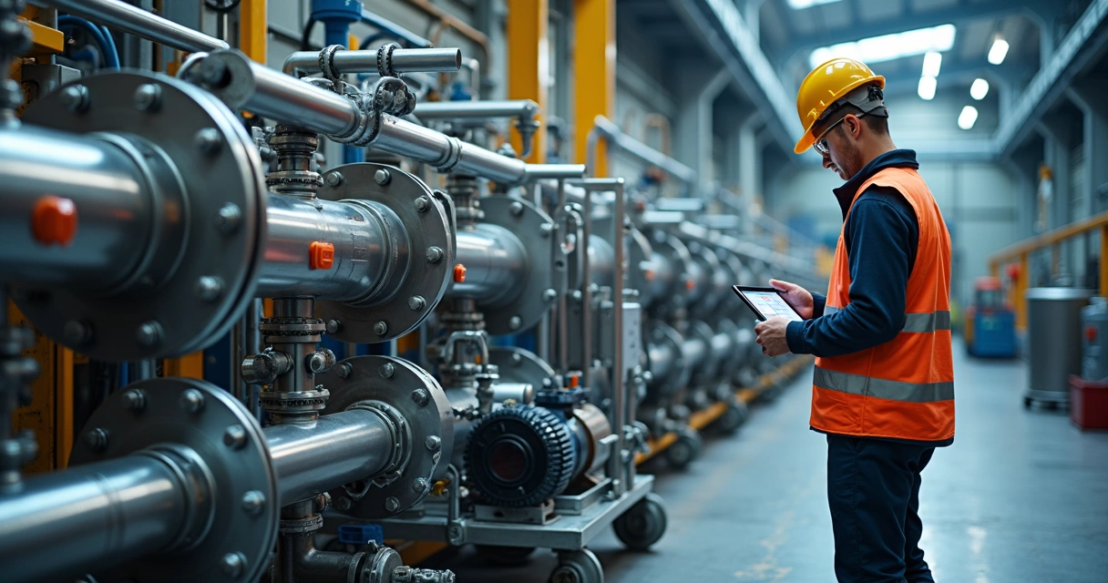 Técnico monitorando flushing em sistema hidráulico industrial com mangueiras e manômetros