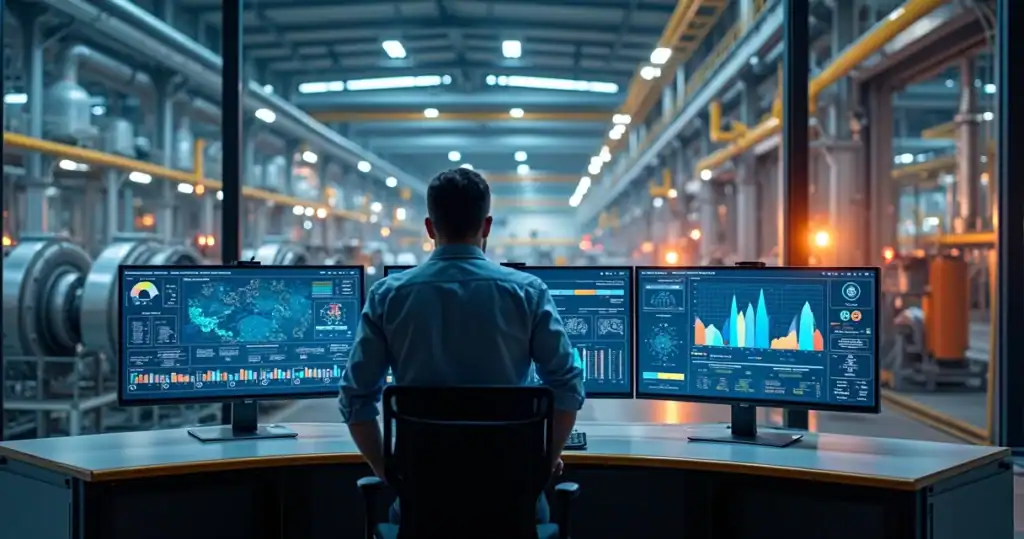 Gestor monitorando ativos industriais em planta fabril automatizada