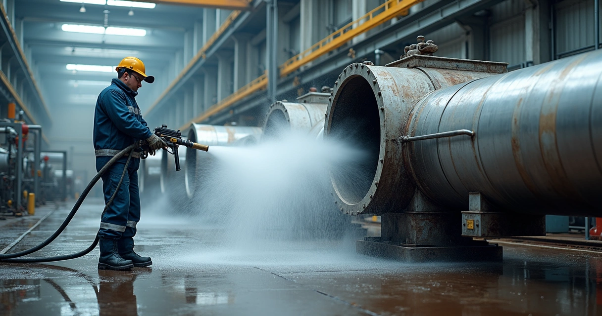Técnico realizando hidrojateamento industrial em tubulação metálica