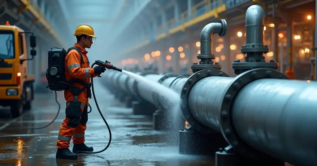 Técnico realizando hidrojateamento em tubulação industrial de grande porte