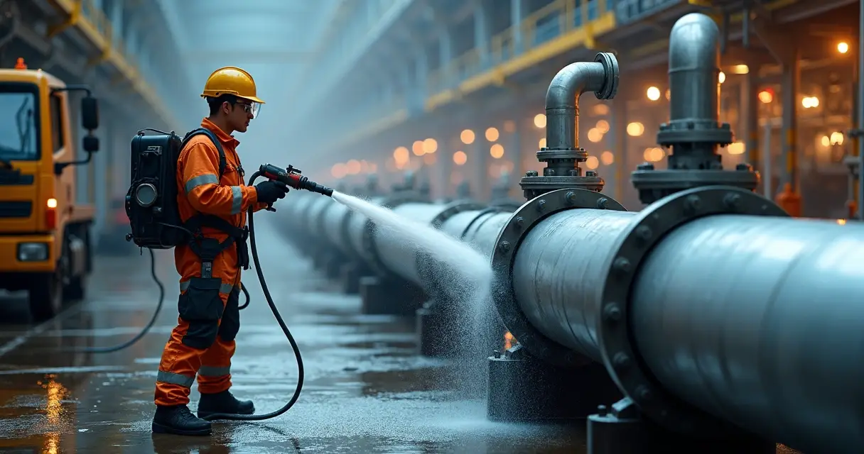 Técnico realizando hidrojateamento em tubulação industrial de grande porte