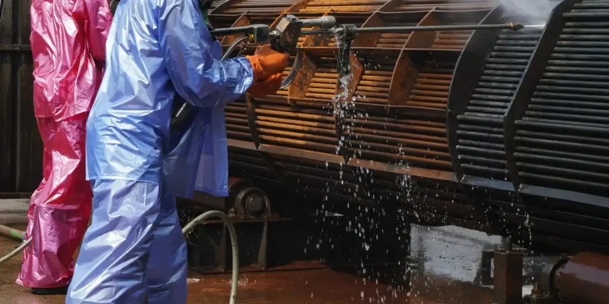 Hidrojato de alta pressão limpando tubulação industrial em ambiente fabril