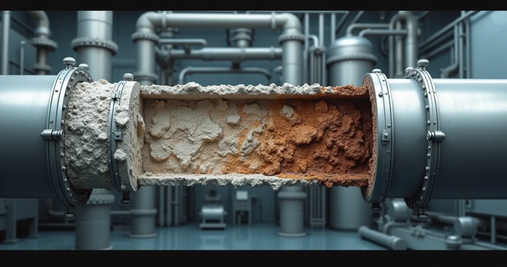 Corte de tubulação industrial mostrando incrustações minerais internas