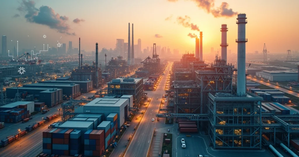 Complexo industrial moderno com gráficos de crescimento econômico sobrepostos