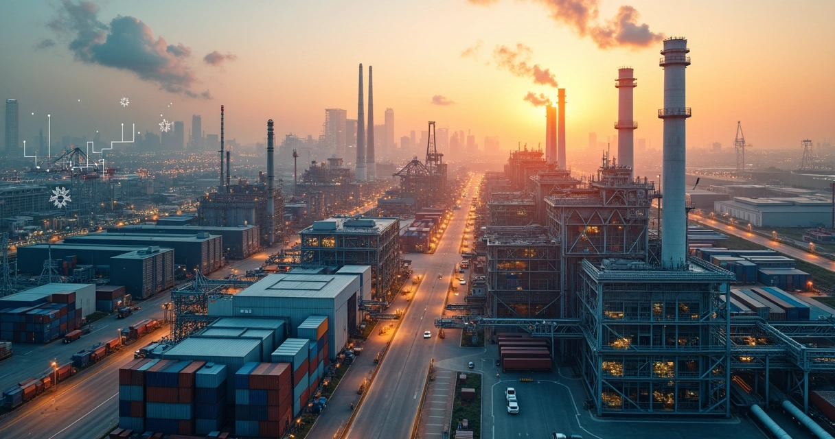 Complexo industrial moderno com gráficos de crescimento econômico sobrepostos