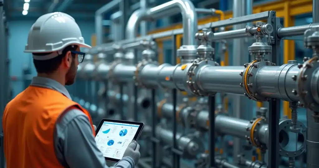Engenheiro inspecionando tubulações industriais com sensores e tablet