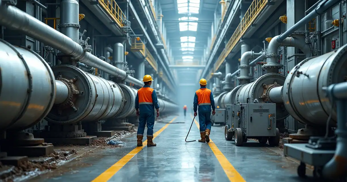 Comparação de equipe interna e serviço profissional de limpeza industrial em tubulação