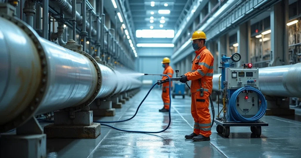 Equipe técnica realizando limpeza industrial em tubulações e superfícies metálicas
