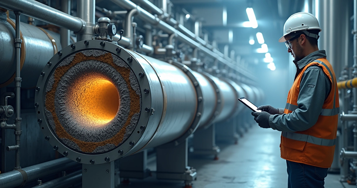Técnico supervisionando limpeza química em tubulações industriais complexas