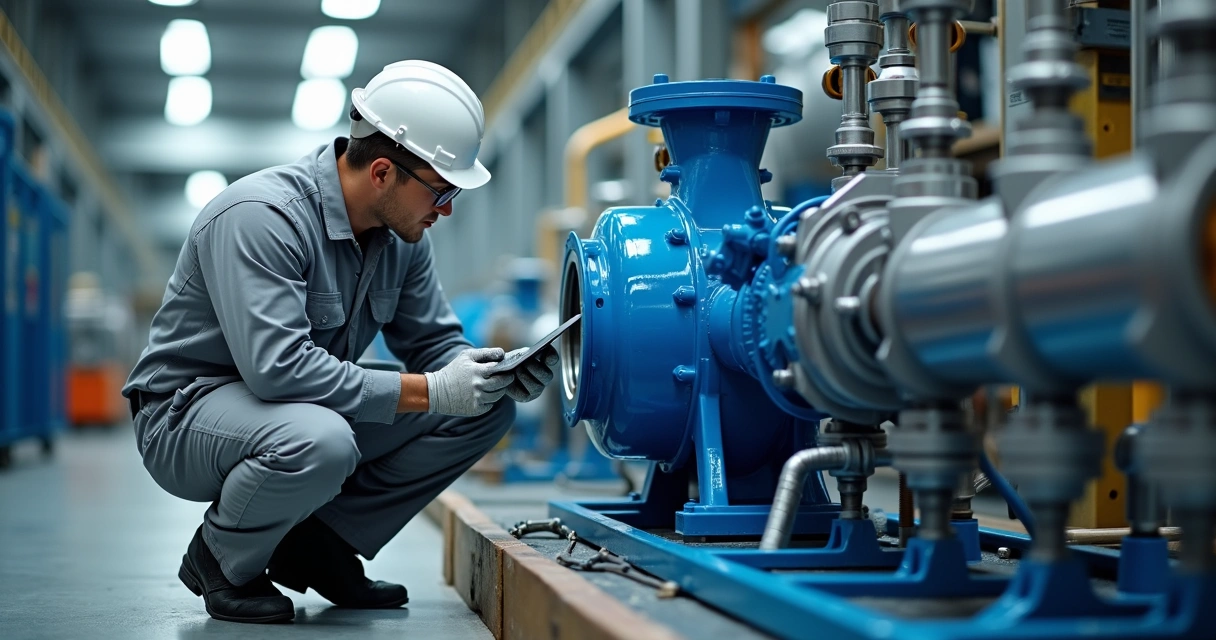 Técnico verificando bomba hidráulica industrial com tubulações e reservatório de óleo