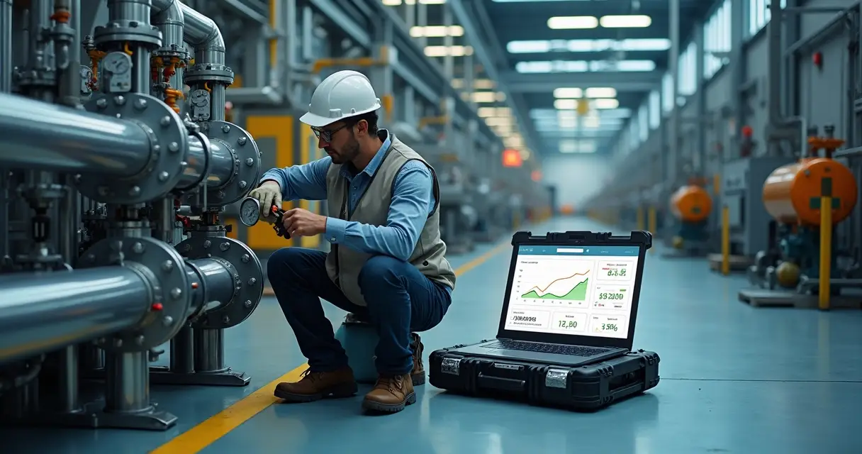 Técnico realizando manutenção preventiva em tubulações industriais com painel de dados de custos ao fundo