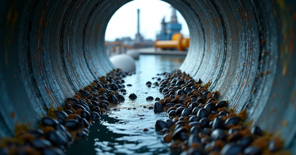 Incrustação de mexilhões em tubulação industrial de água de resfriamento