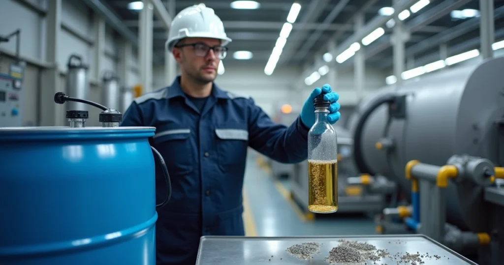 Técnico analisando óleo novo contaminado em tambor industrial