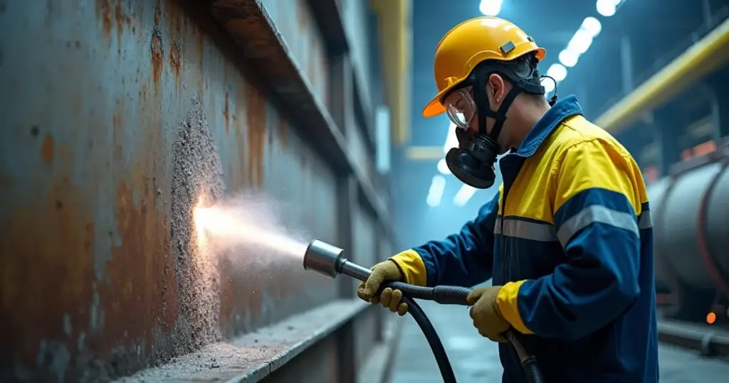 Técnico executando jateamento abrasivo em estrutura metálica industrial
