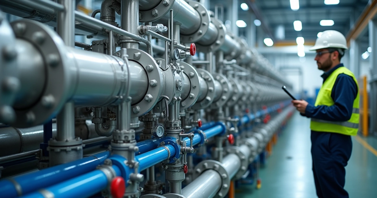 Técnico monitora retrolavagem em sistema de tubulações industriais com filtros