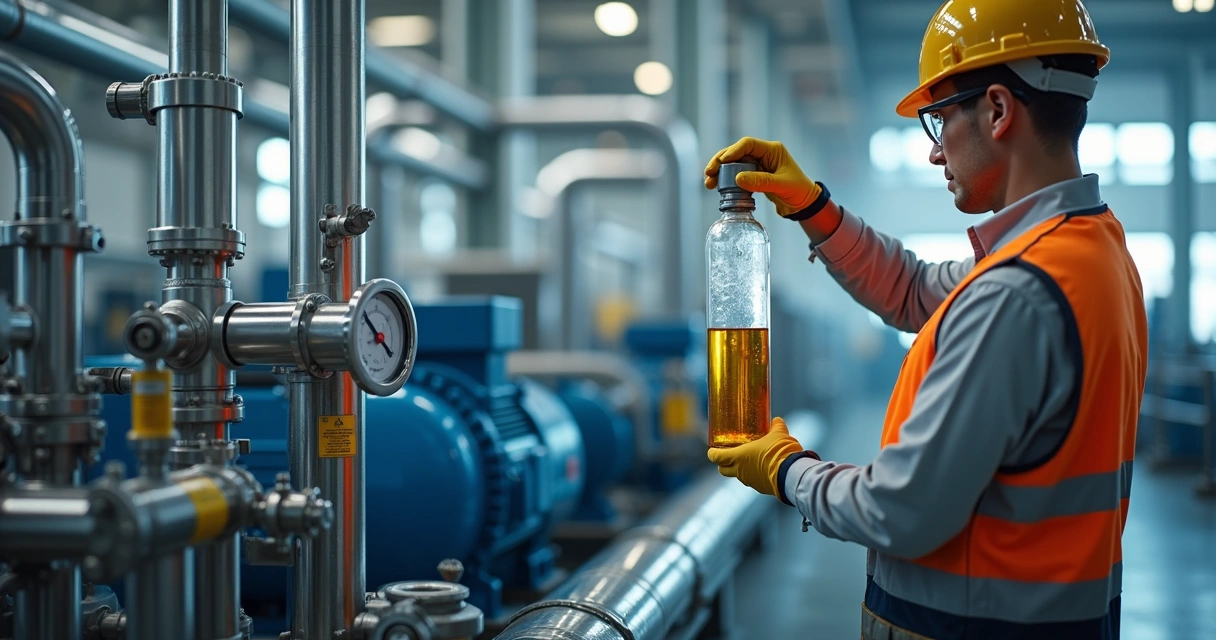Técnico analisa óleo hidráulico em sistema industrial com tubulações e filtro