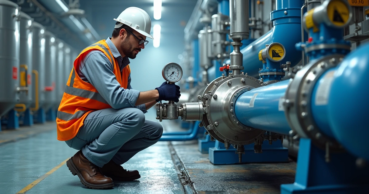 Engenheiro realizando teste hidrostático com água em tubulação industrial
