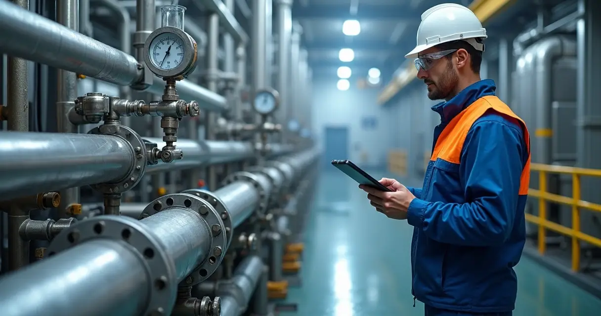 Engenheiro inspecionando teste hidrostático em tubulação industrial pressurizada