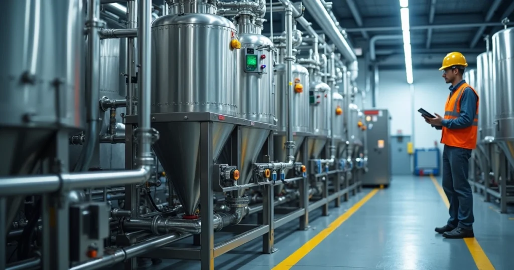 Técnico monitorando sistema industrial de filtragem de óleo com baixo volume de resíduos