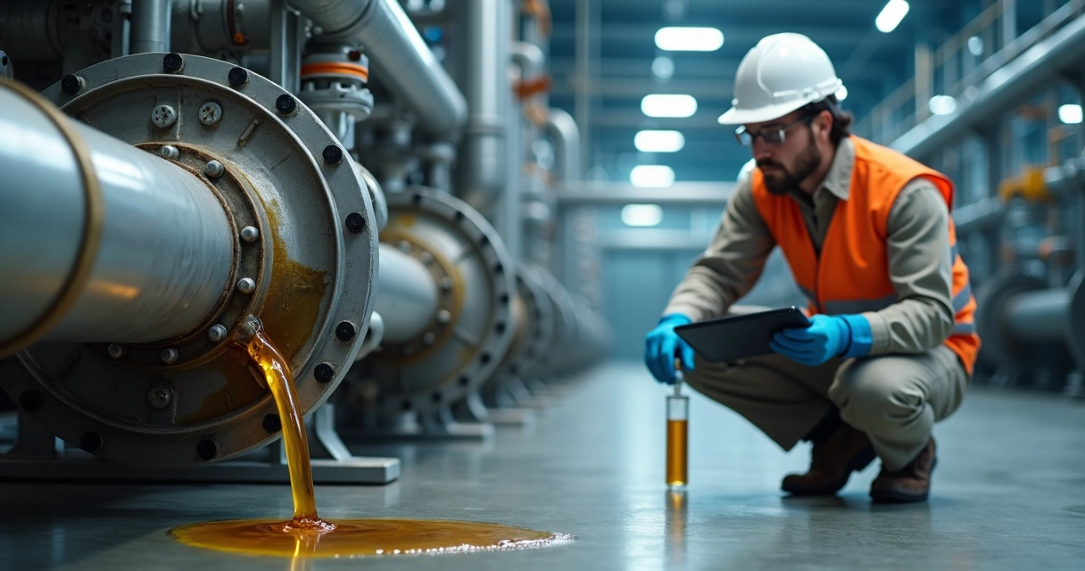 Engenheiro inspecionando vazamento de óleo em tubulação hidráulica industrial