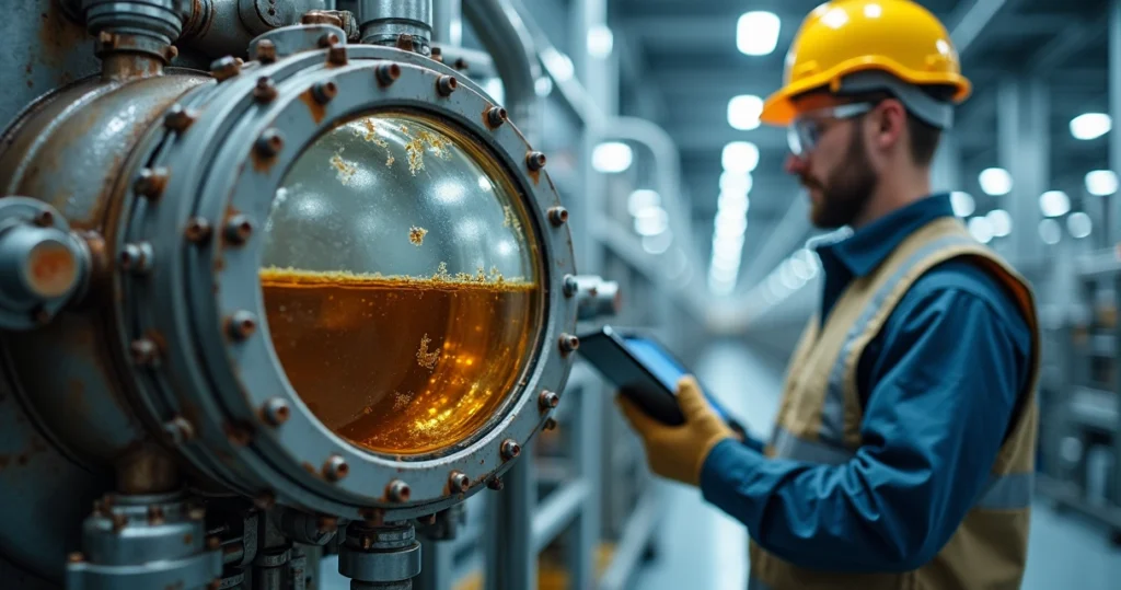 Técnico inspecionando verniz em óleo de sistema hidráulico industrial